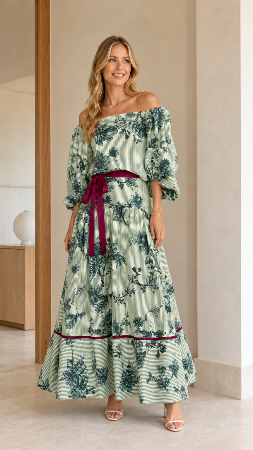 Model wearing Sage Green floral stripe off-the-shoulder tiered maxi dress