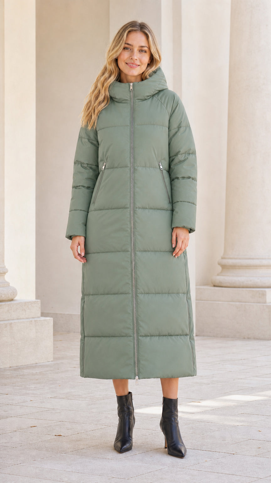 Front full-length view of model wearing sage green long hooded puffer coat