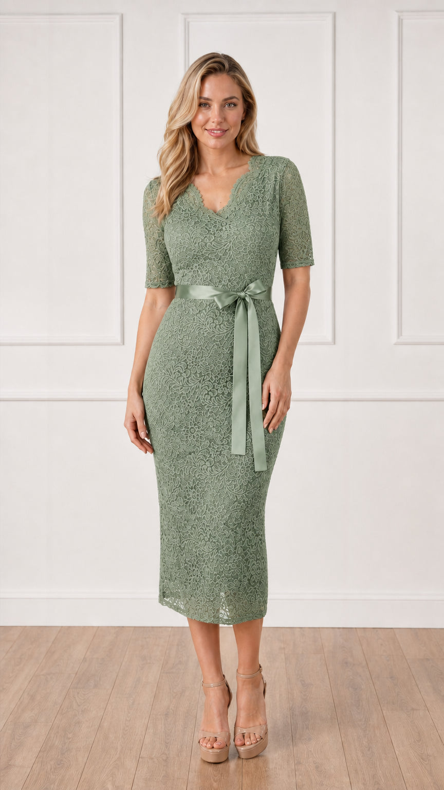 Front full view of sage green lace midi dress with satin belt