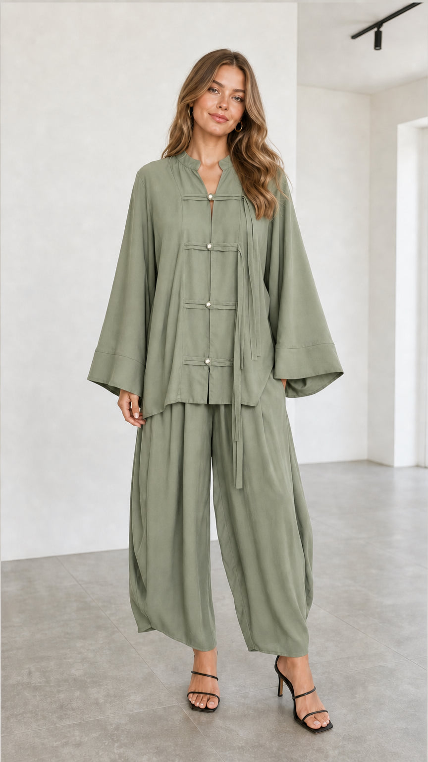 Women's sage green flowy two-piece oriental style top and lantern trousers set