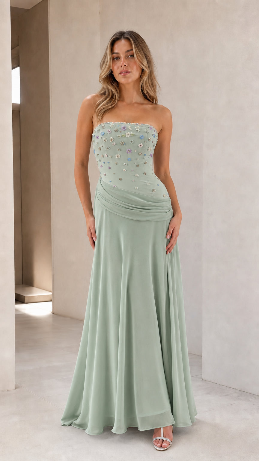 Full-length view of sage green strapless floral beaded floor length formal dress