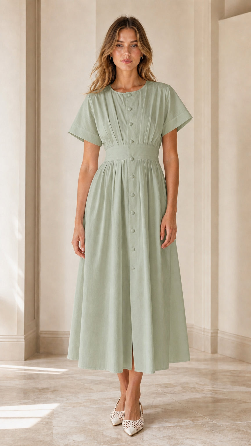 Model wearing sage green pleated button-down midi dress