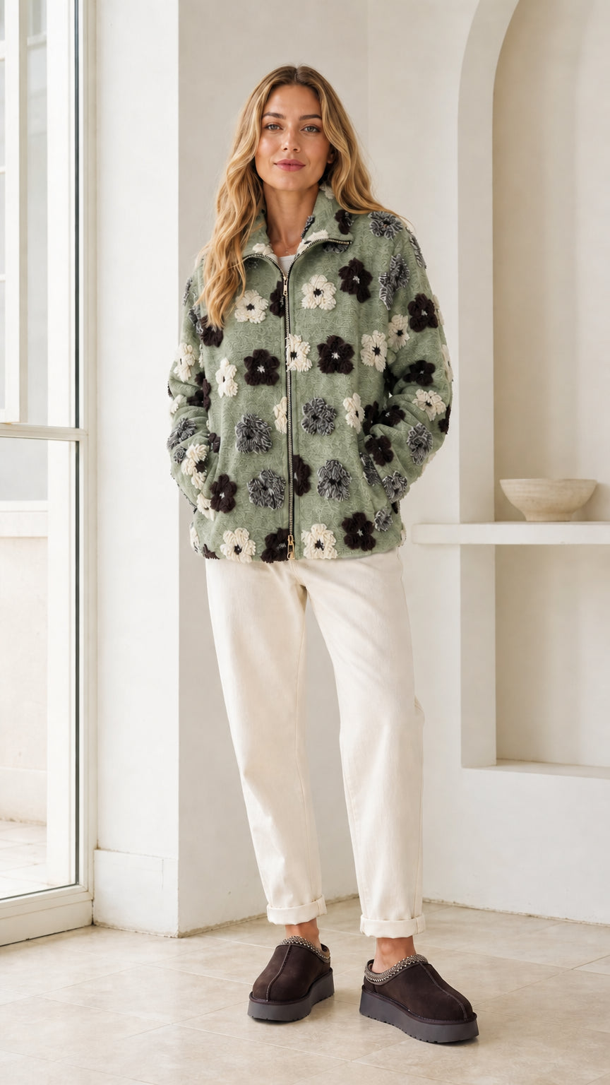 Model wearing sage green floral sherpa fleece zip jacket