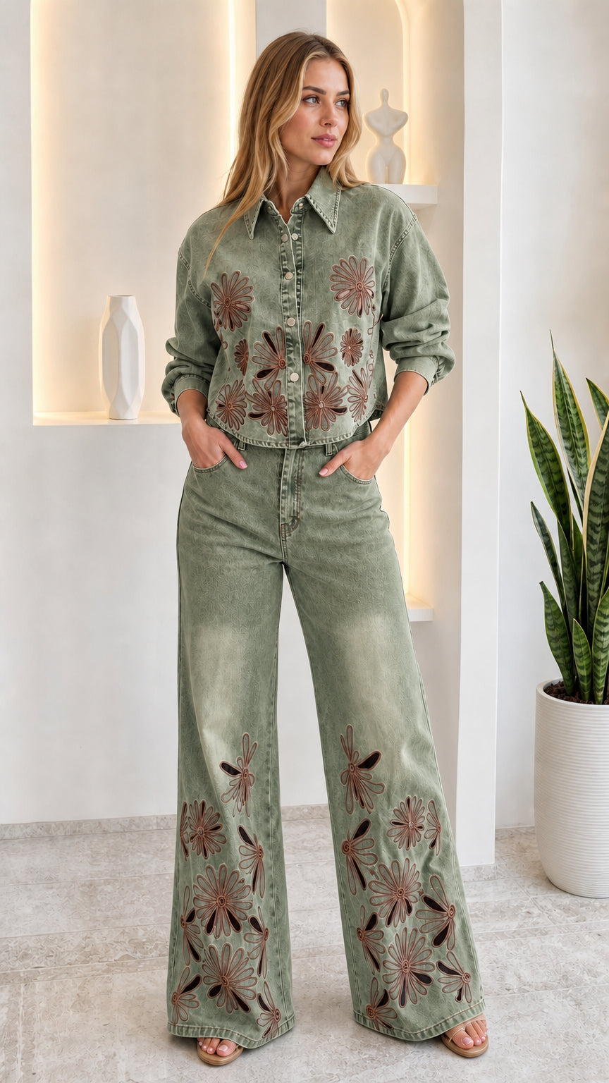 Model wearing sage green floral embroidered cutout denim pant set