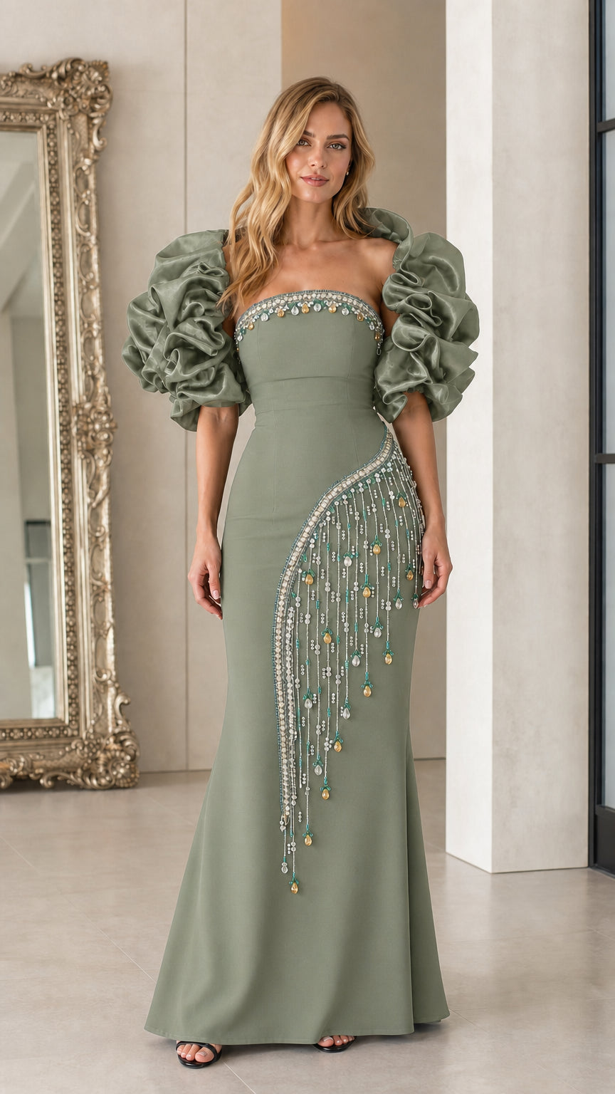 Sage green color variant of the evening gown