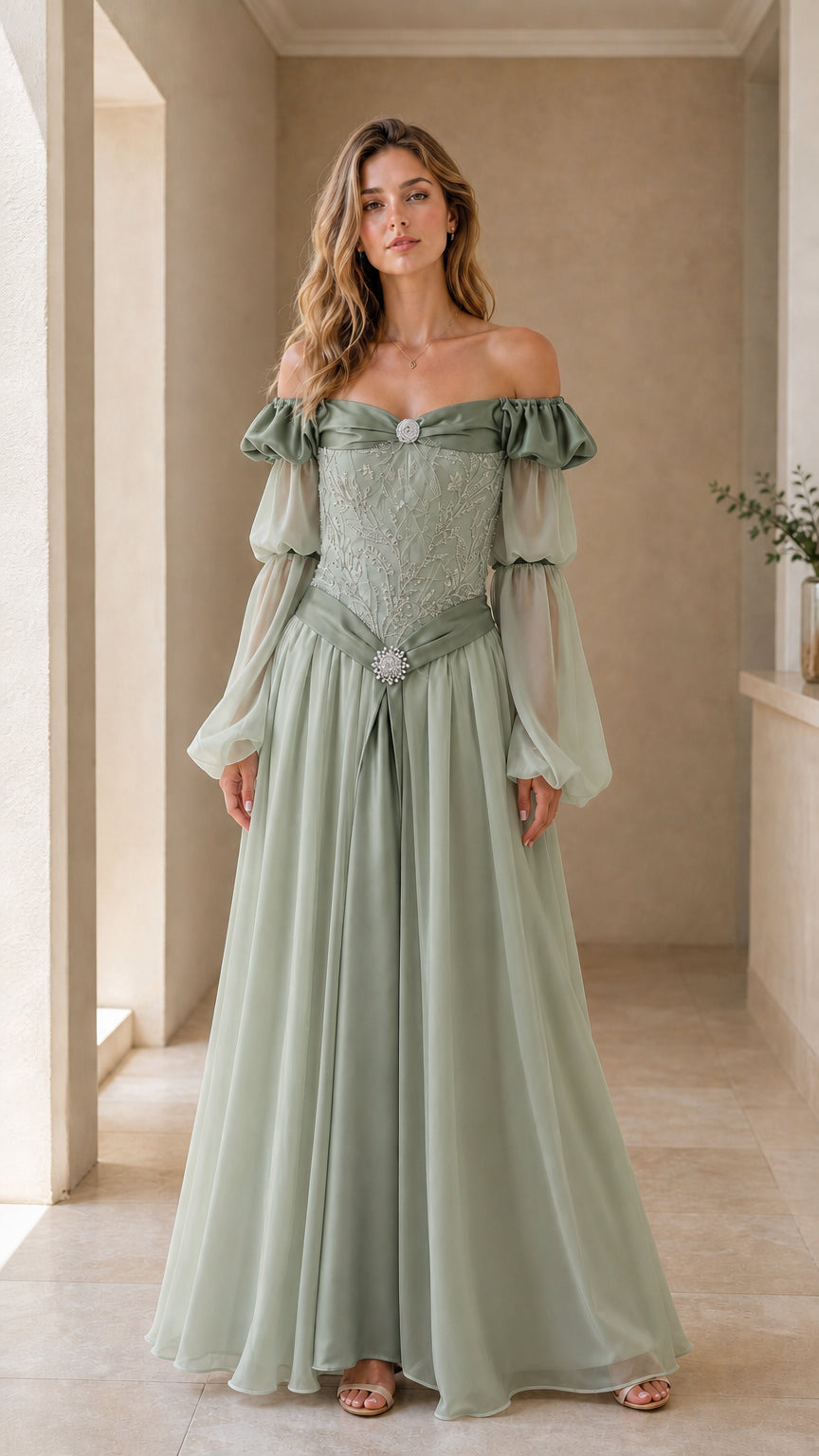 Model wearing sage green medieval style maxi dress with off-the-shoulder neckline