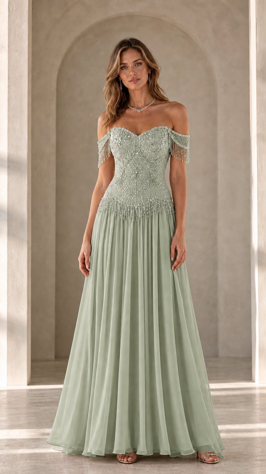 Model wearing sage green variant of the off-the-shoulder beaded evening gown