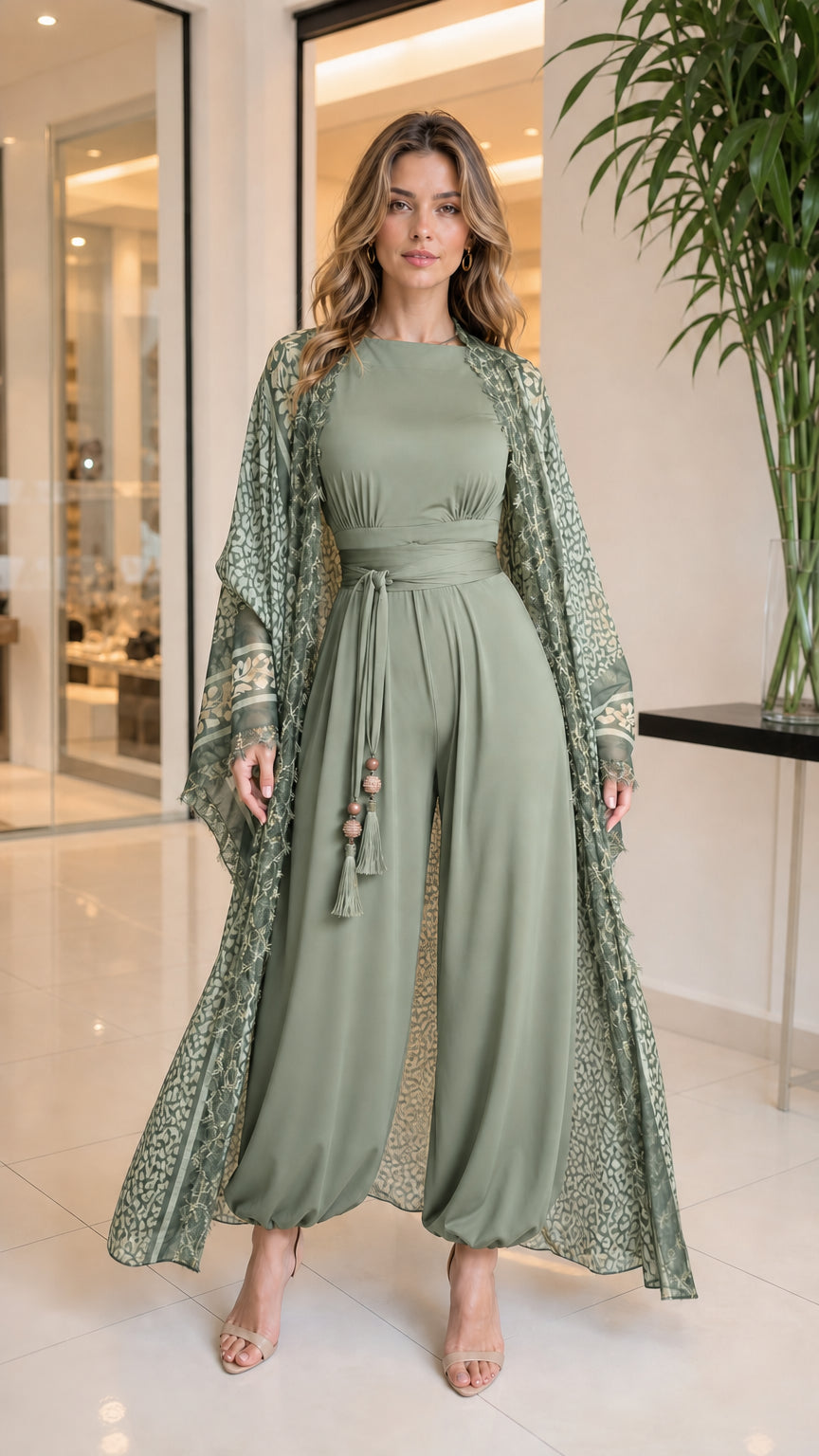 Sage green balloon leg jumpsuit and matching printed sheer longline cardigan