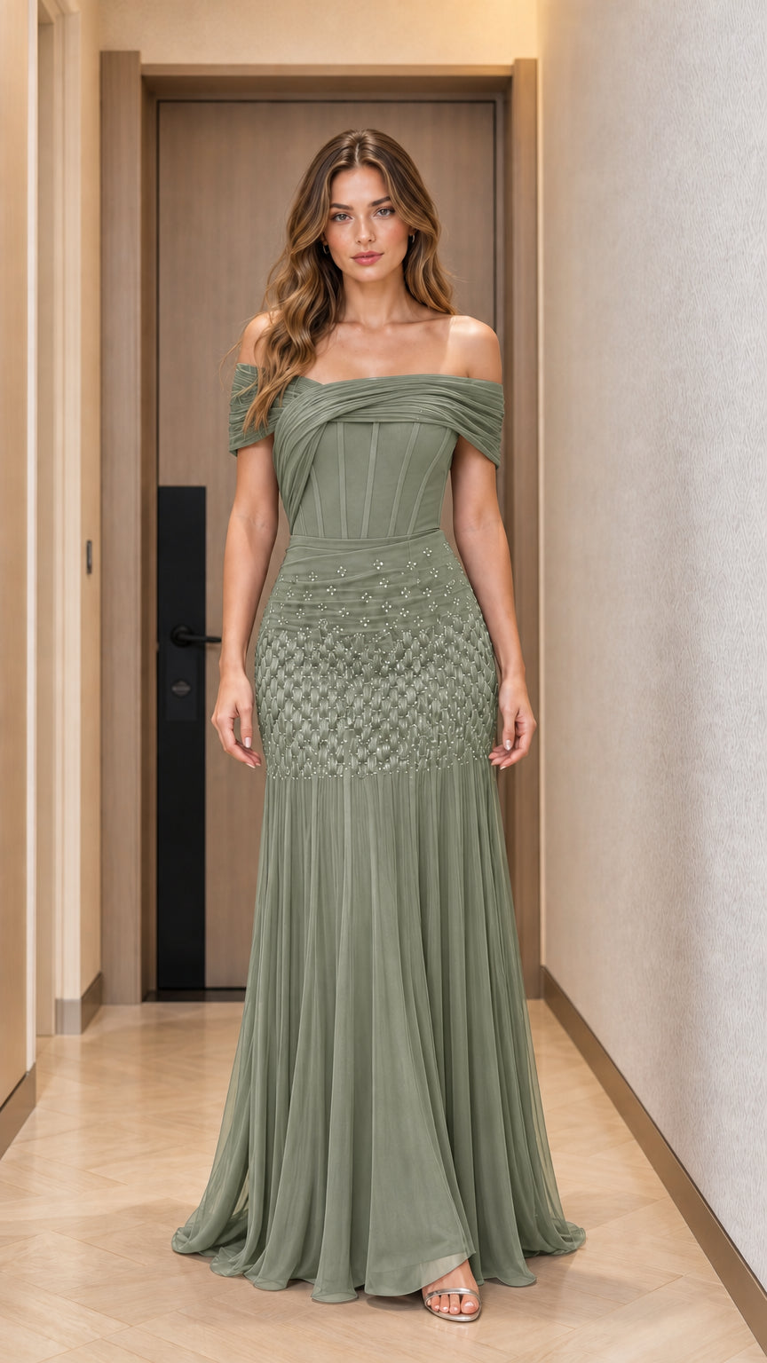 Front view of sage green off-shoulder evening gown