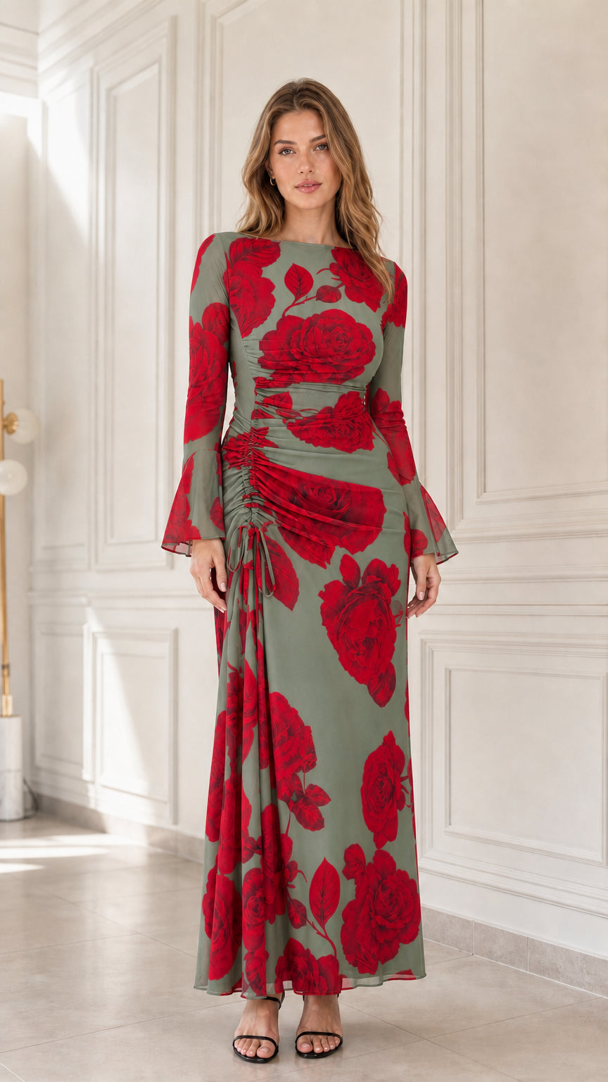 Front view of sage green floral print ruched maxi dress
