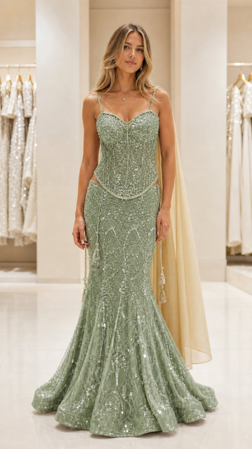 Full front view of the sage green sequin mermaid evening gown