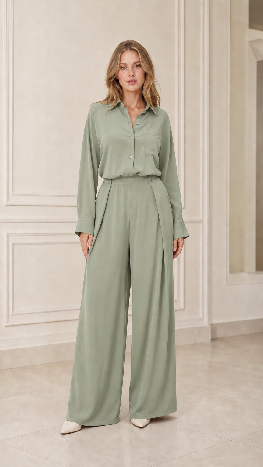 Model wearing sage green long-sleeve shirt and wide-leg trousers set