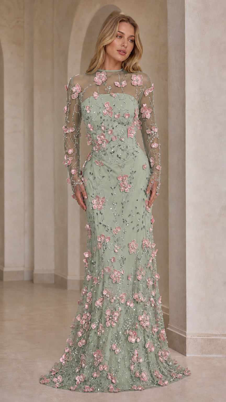 Sage green illusion long sleeve evening dress with blush 3D flower appliques