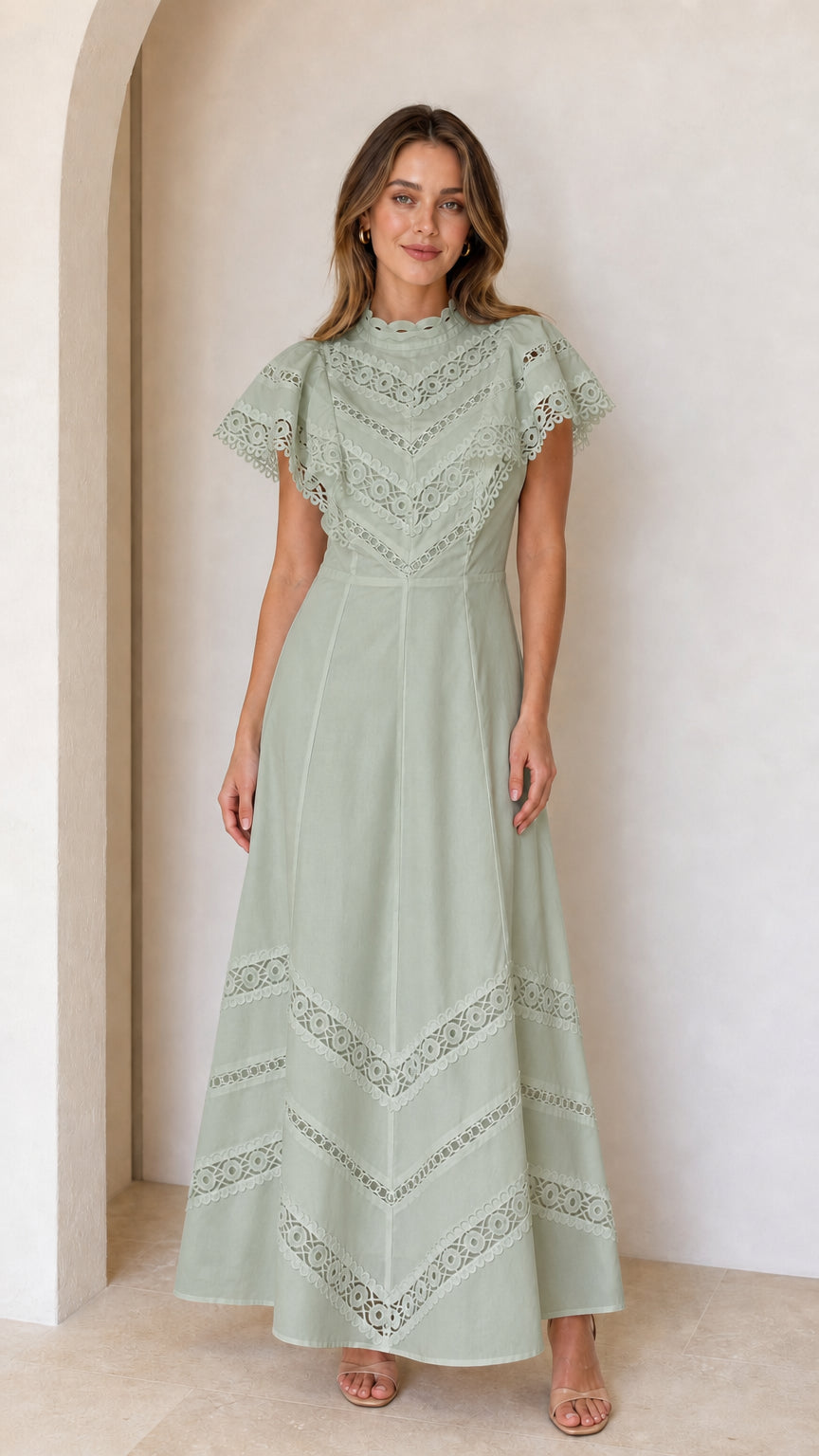 Sage green lace flutter sleeve occasion maxi dress full-length view