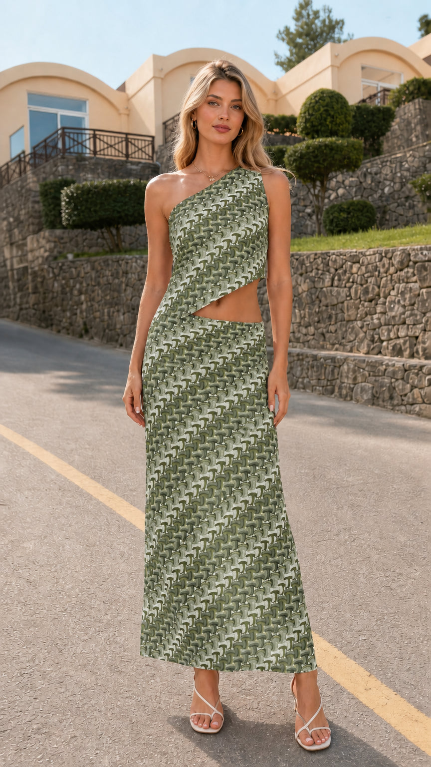 Model wearing olive one-shoulder cutout printed dress