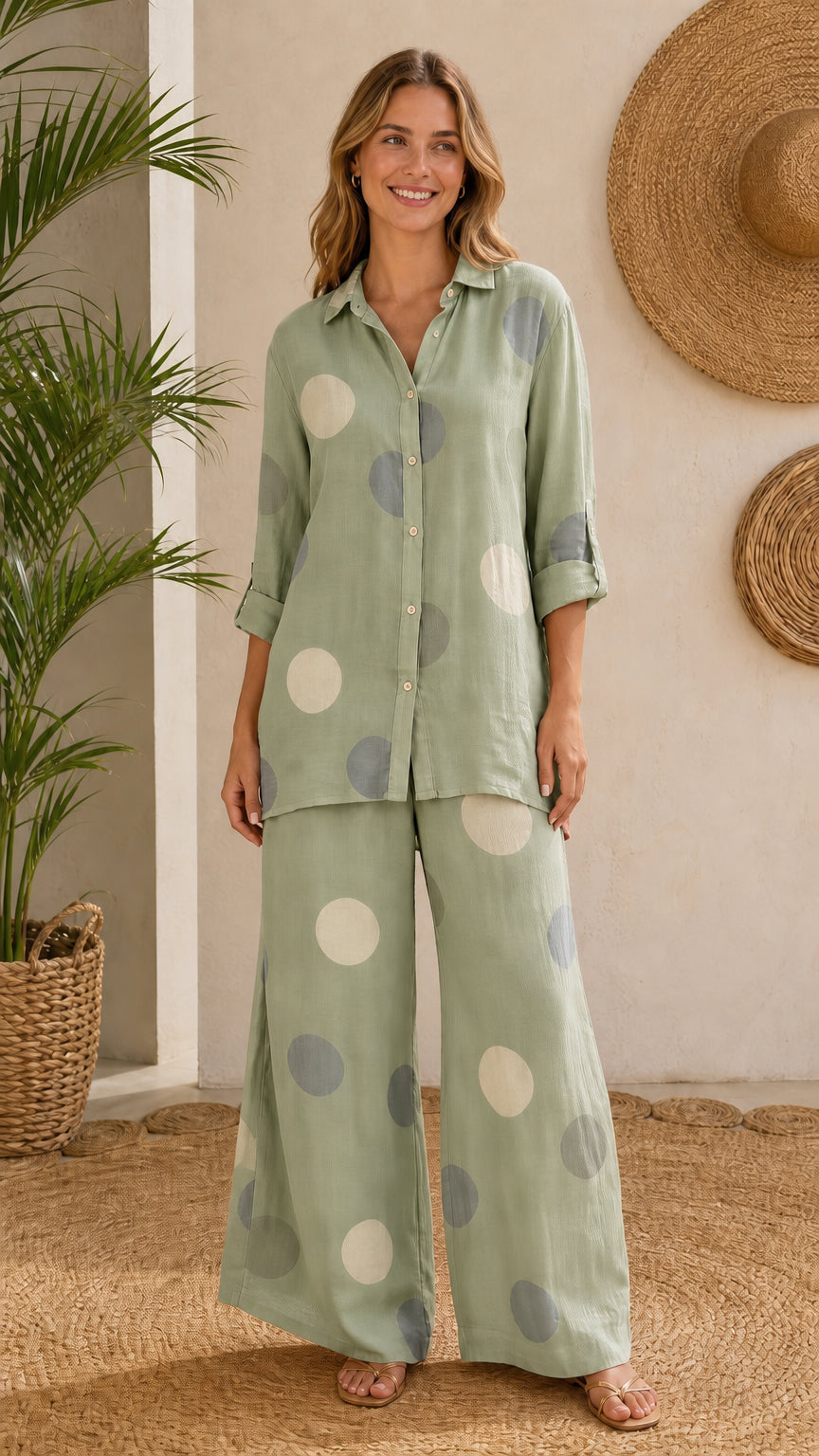 Front view of model wearing sage green polka dot two-piece matching set