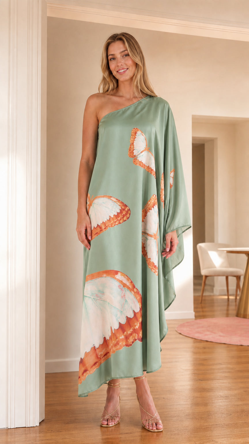 Front view of model wearing Sage Green one-shoulder butterfly print satin kaftan maxi dress
