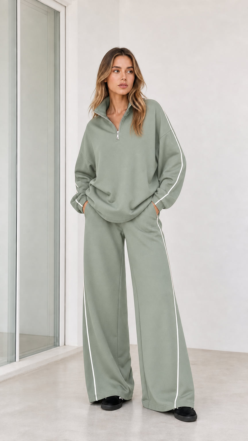 Model wearing sage green half zip pullover and wide leg pants tracksuit set