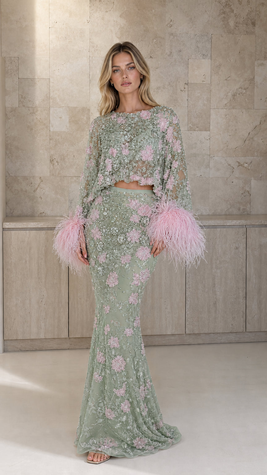 Front view of sage color variant of embellished feather trim two-piece set
