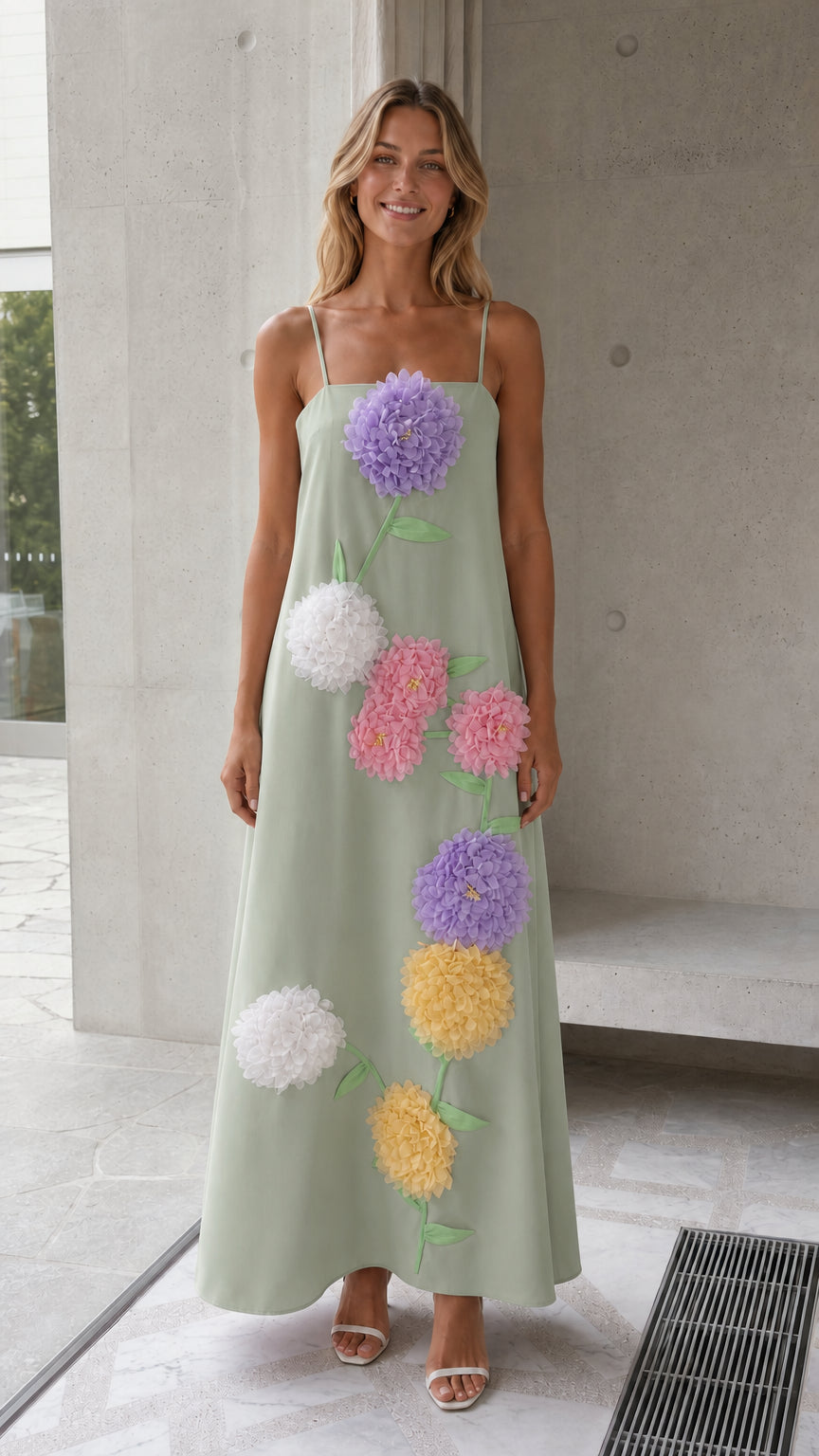 Sage green cami maxi dress featuring 3D floral appliqué