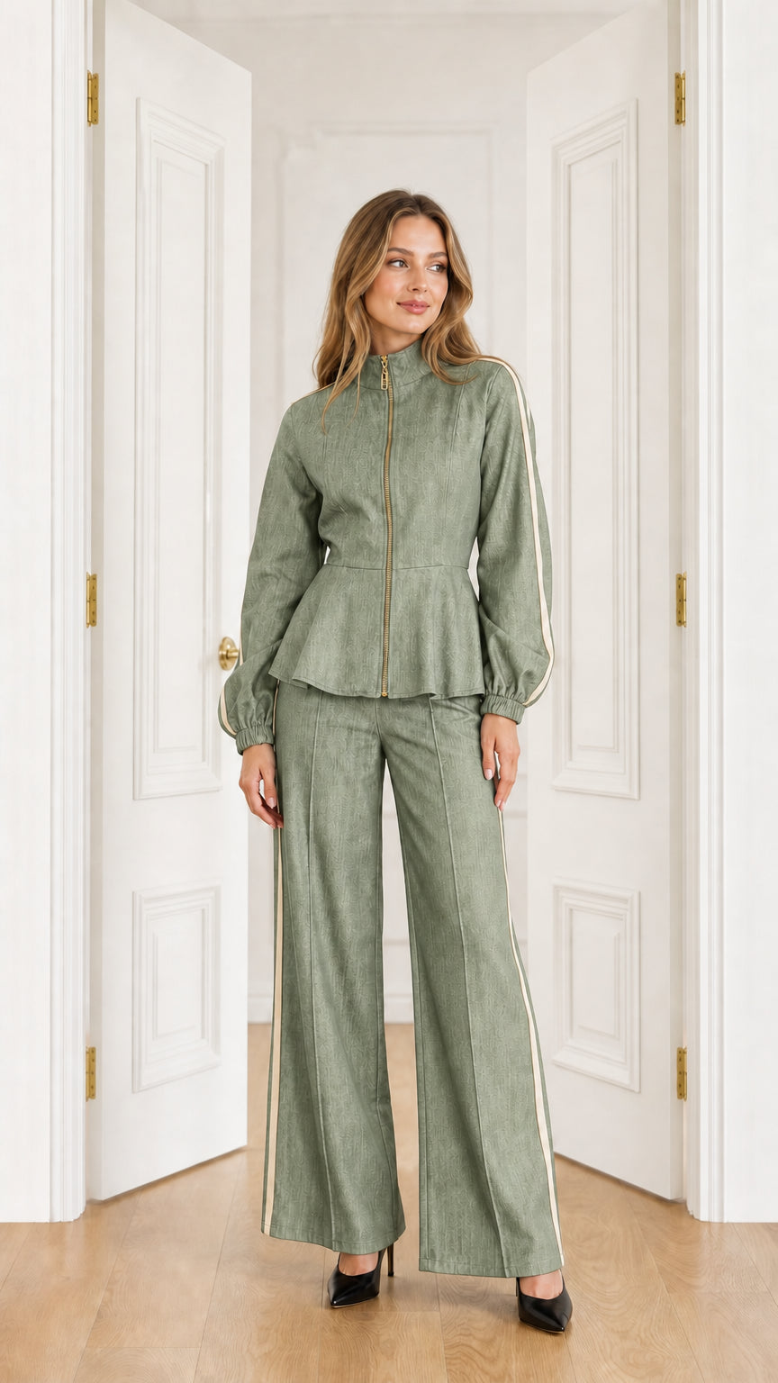 Full-length view of model wearing Sage Green peplum jacket and wide-leg pants set with cream side stripes