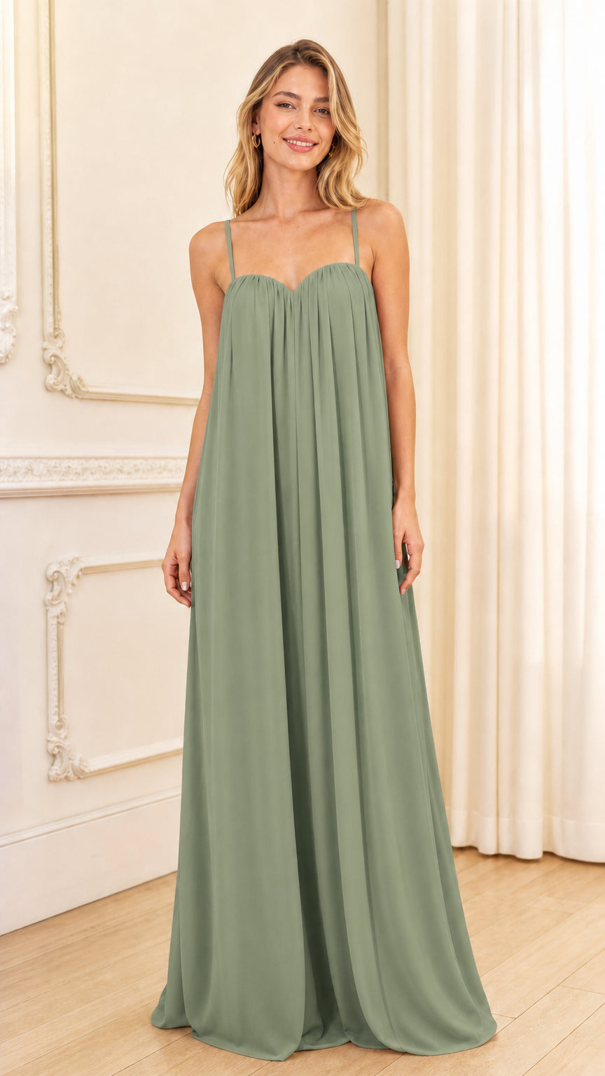 Front view of sage green maxi dress