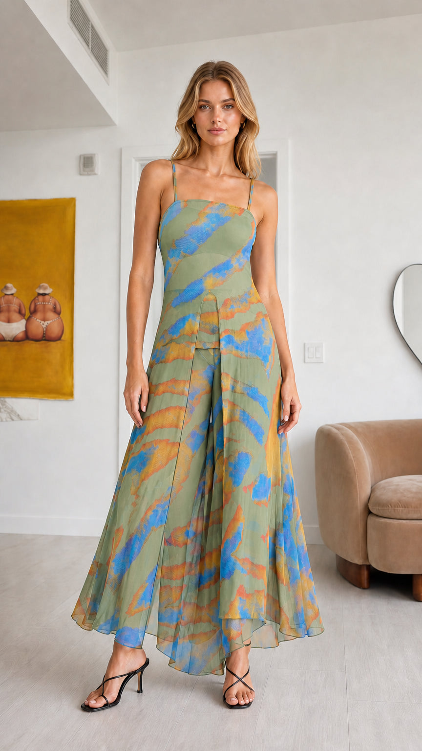 Front view of model wearing Sage Multi abstract print chiffon two-piece set