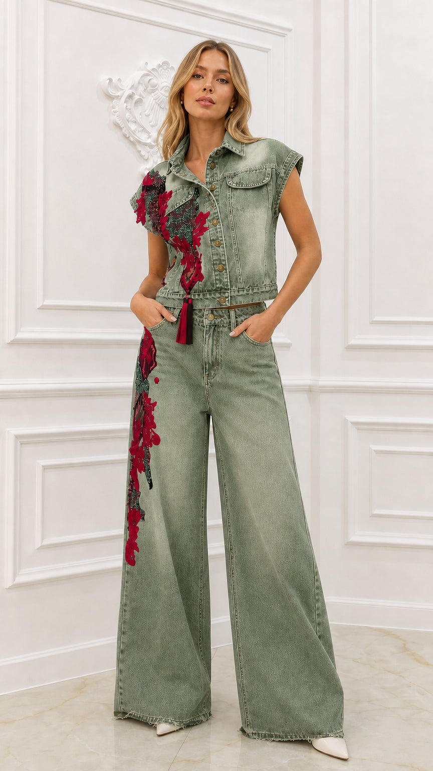 Model wearing sage green embroidered denim matching set