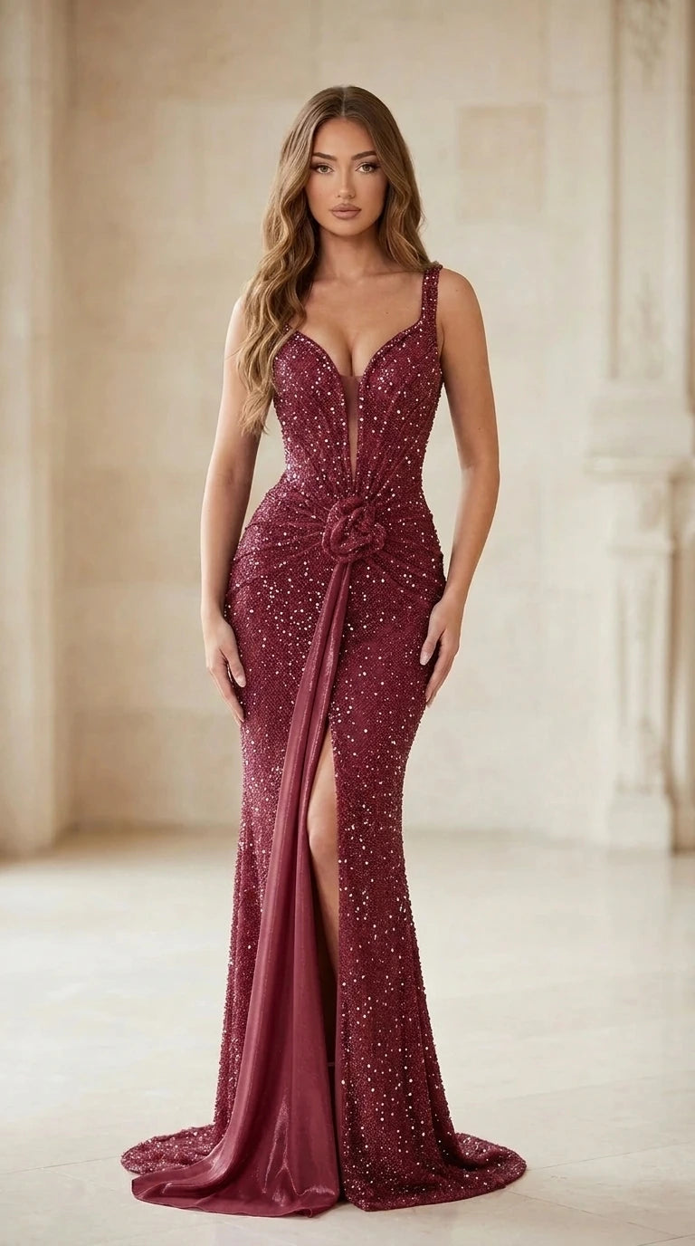 Front view of deep burgundy sequin mermaid gown with illusion plunge neckline