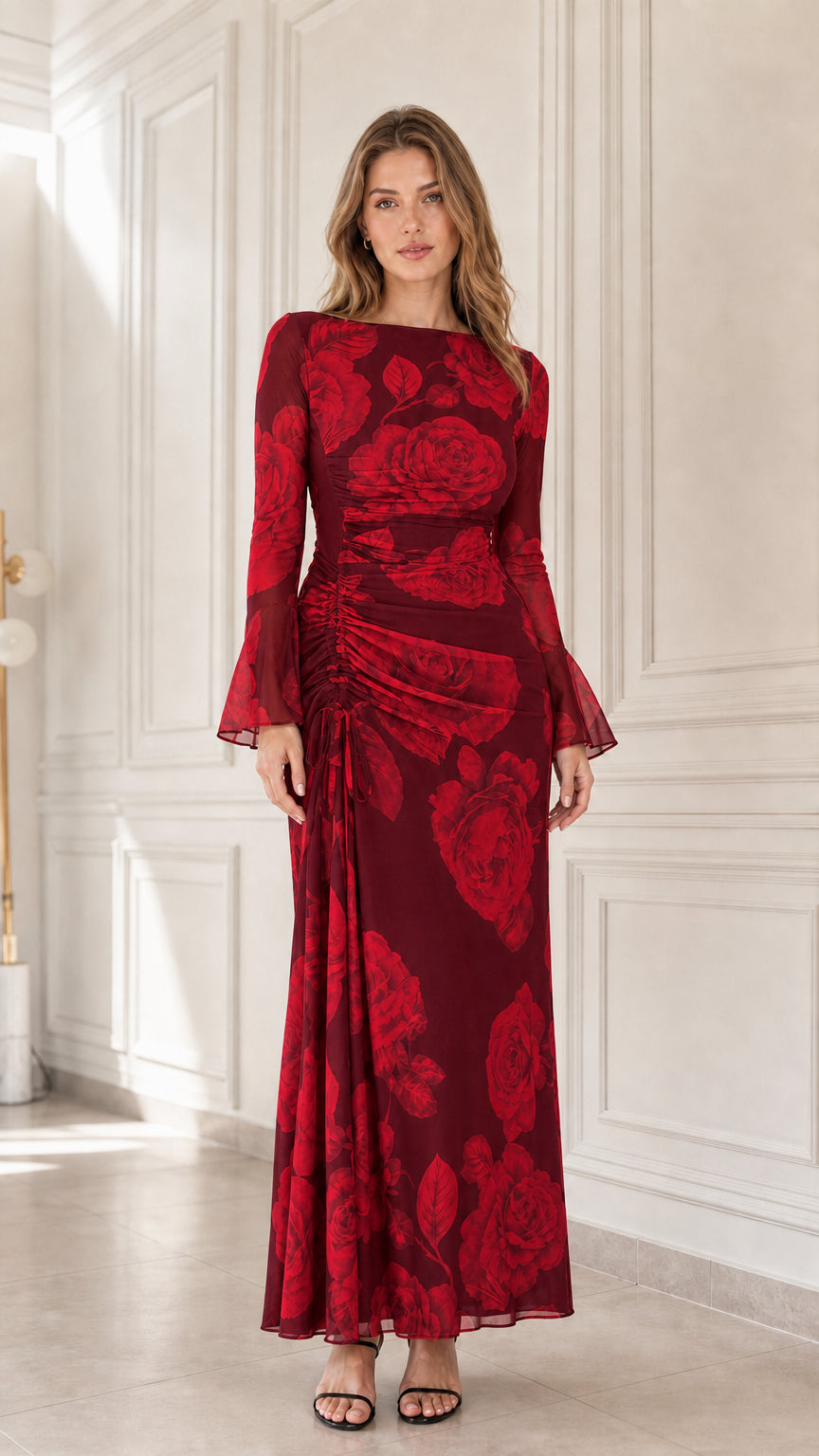 Front view of burgundy floral print ruched maxi dress