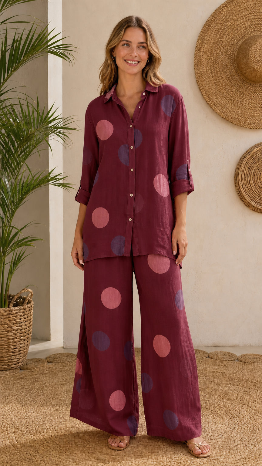 Front view of model wearing burgundy polka dot button-down shirt and pant set