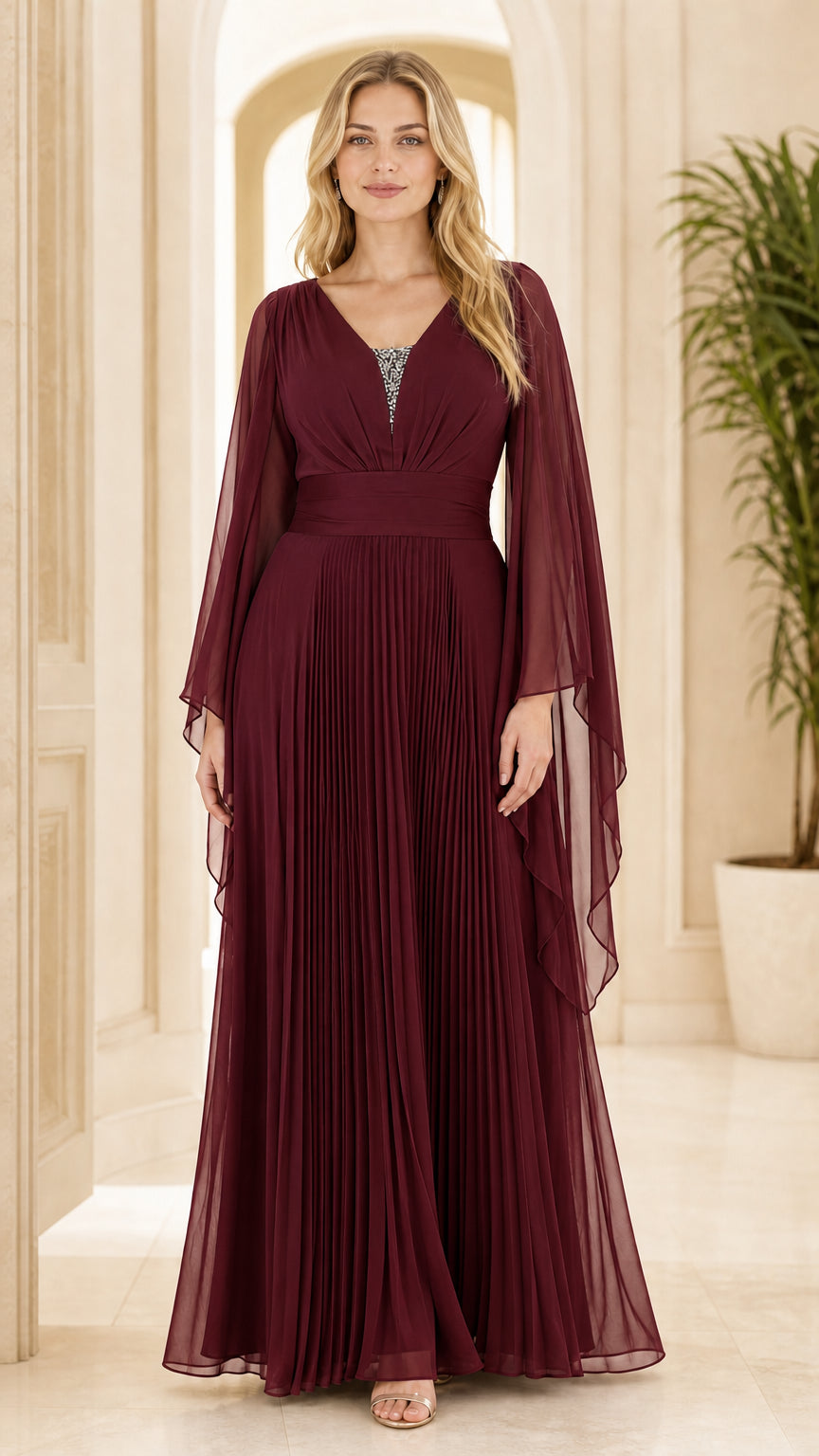 Full front view of burgundy wine red pleated cape sleeve evening gown