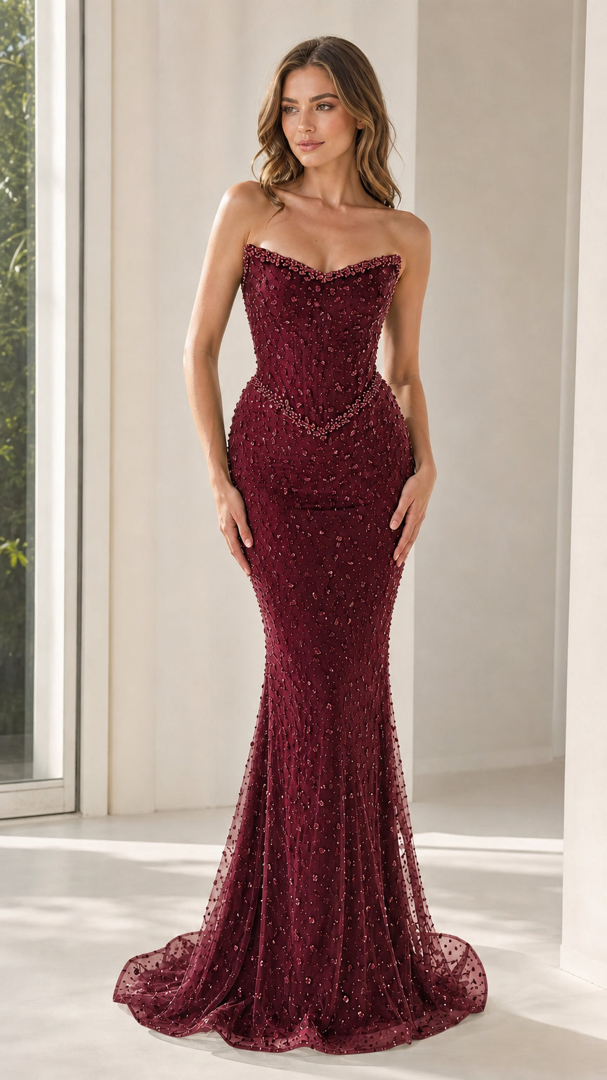 Front view of burgundy strapless beaded mermaid evening gown