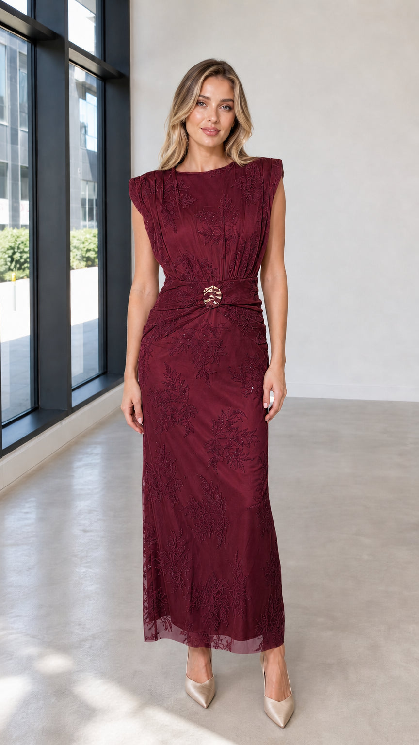 Front view of burgundy embroidered maxi dress