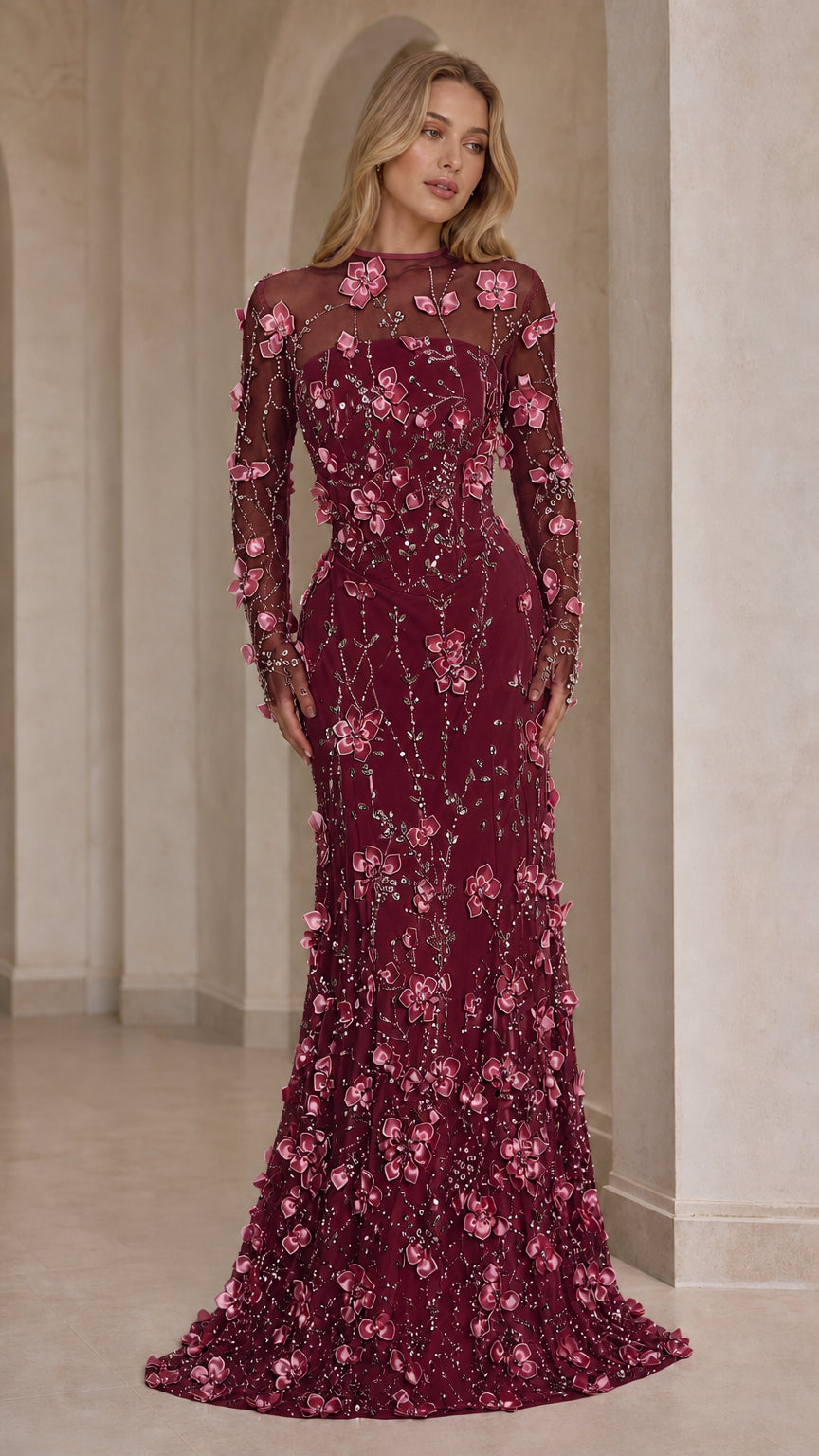 Burgundy wine formal gown with tonal 3D floral appliques and crystal details