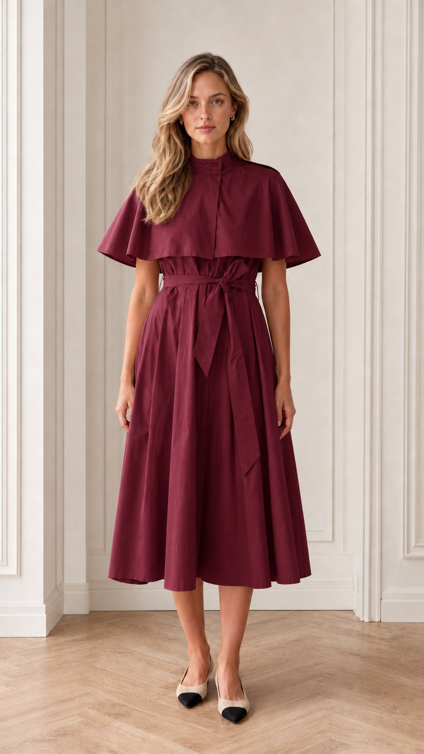 Model wearing burgundy wine trench capelet belted midi dress