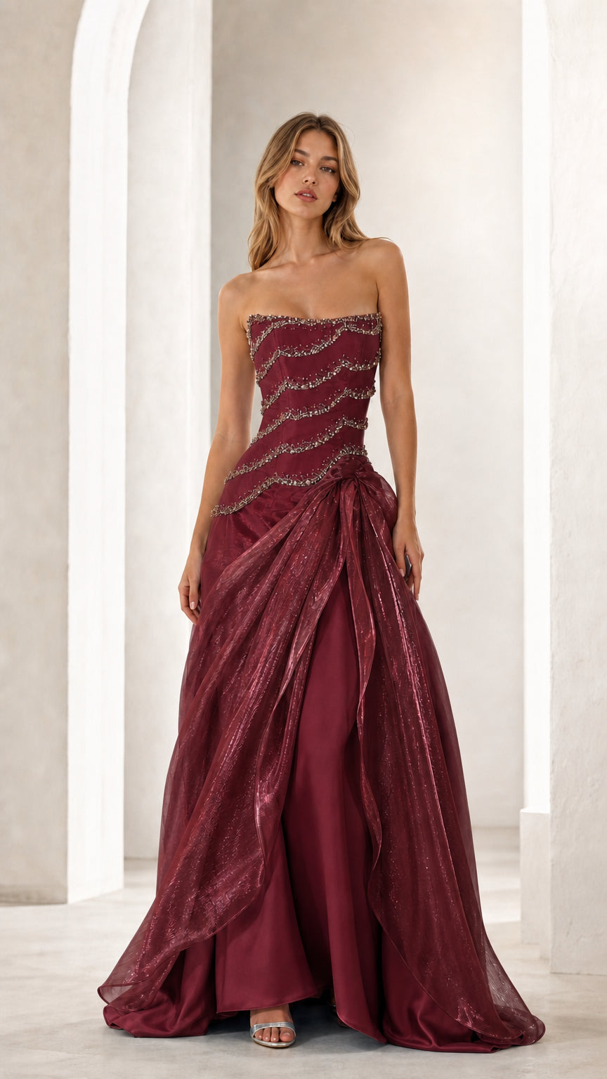 Burgundy wine strapless beaded formal dress with draped shimmer skirt