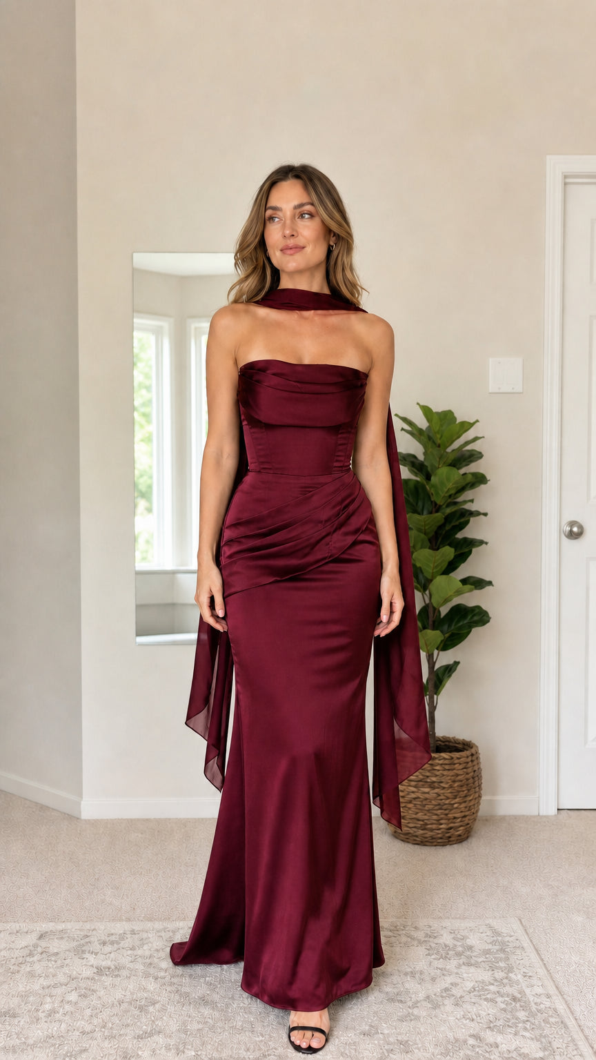 Burgundy wine red strapless ruched satin gown with matching scarf drape