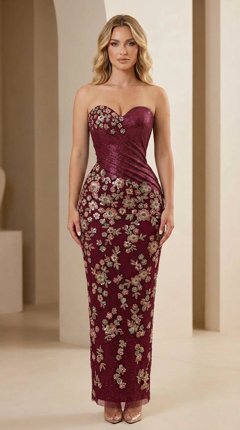 Front view of model wearing Burgundy strapless floral sequin evening dress