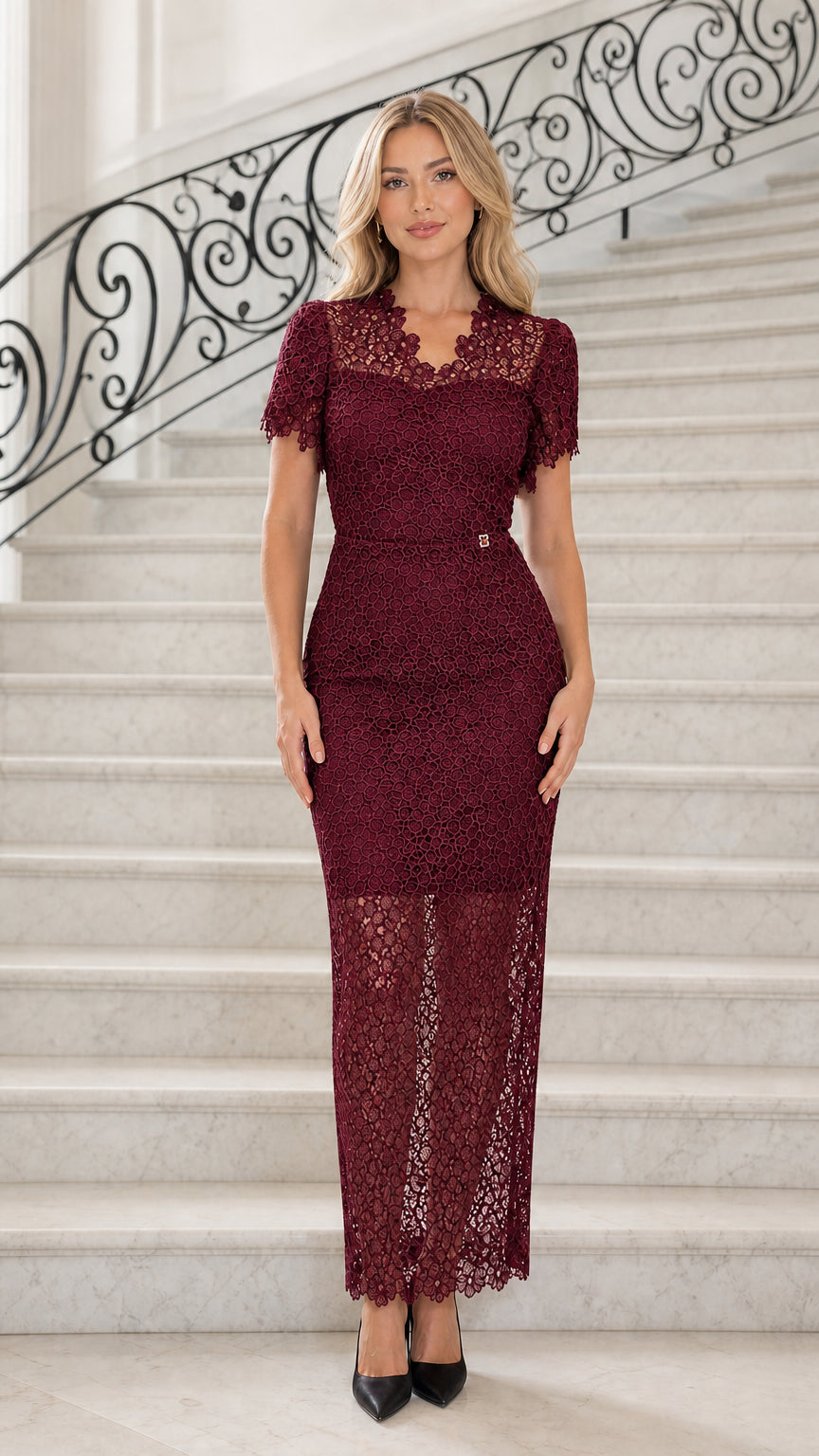 Front view of model in burgundy lace maxi dress