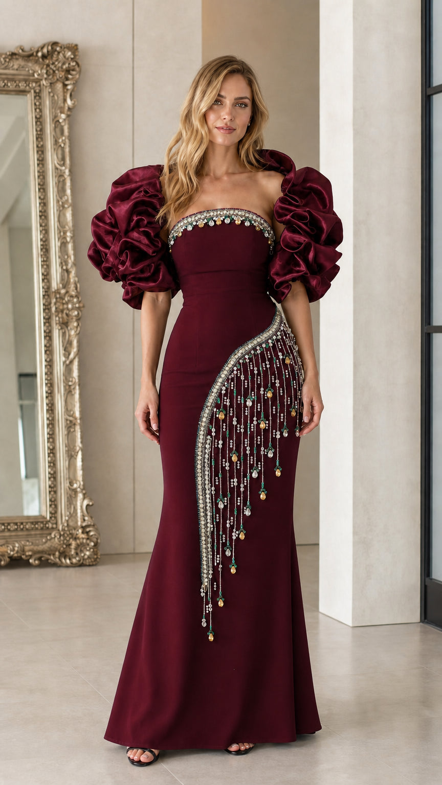 Burgundy color variant of the evening gown