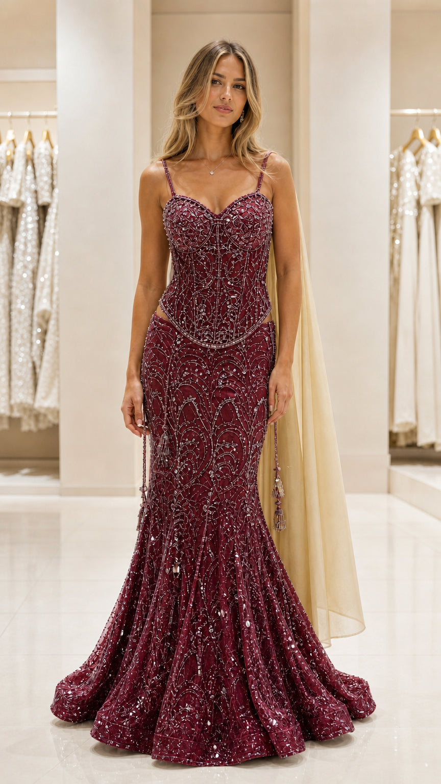Full front view of the burgundy sequin mermaid evening gown