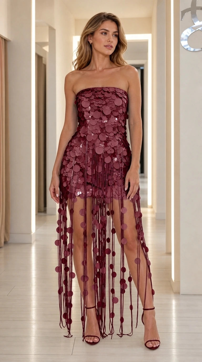 Model wearing burgundy strapless sequin tassel mini dress