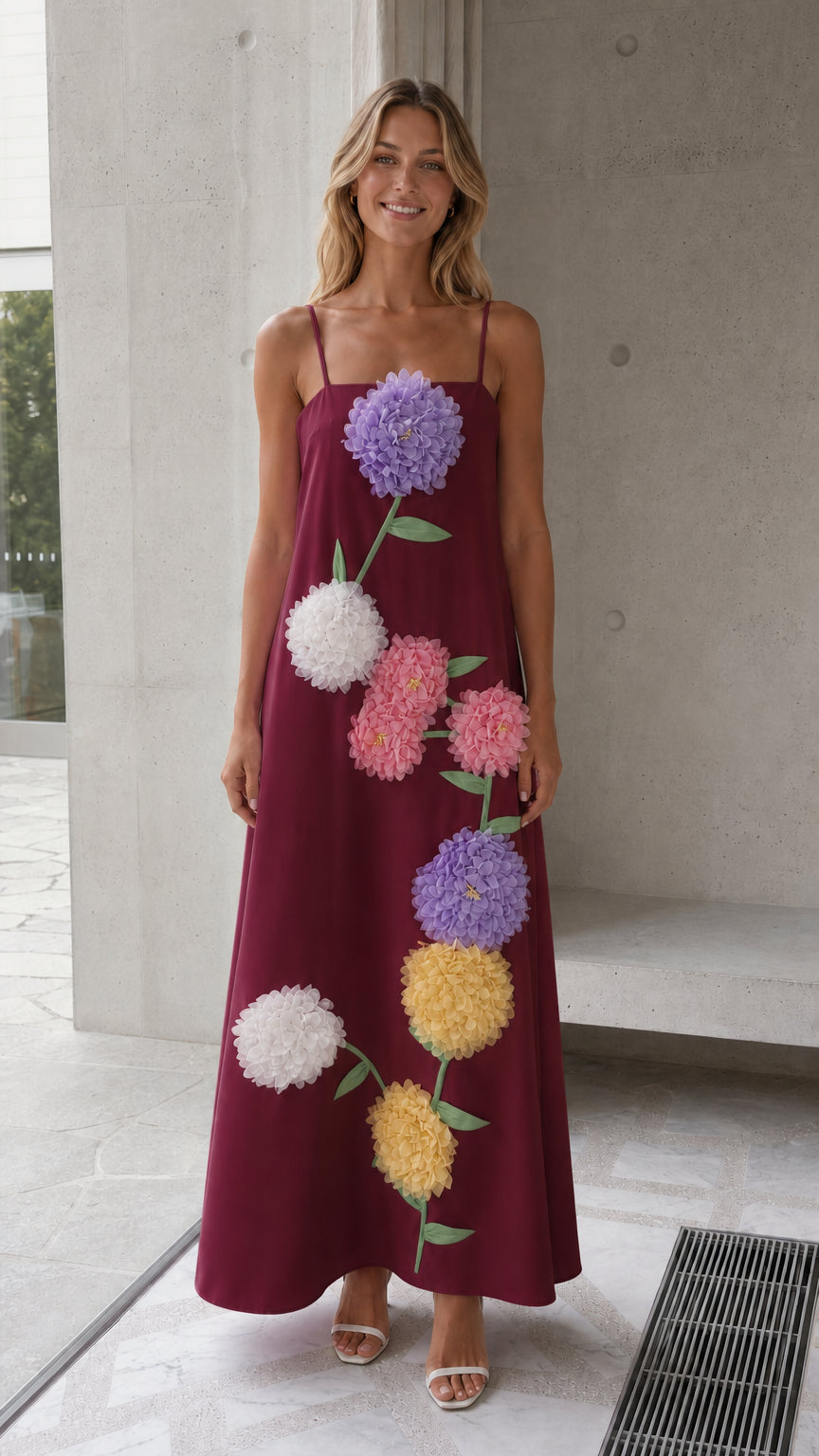 Burgundy maxi dress with vibrant dimensional flower design