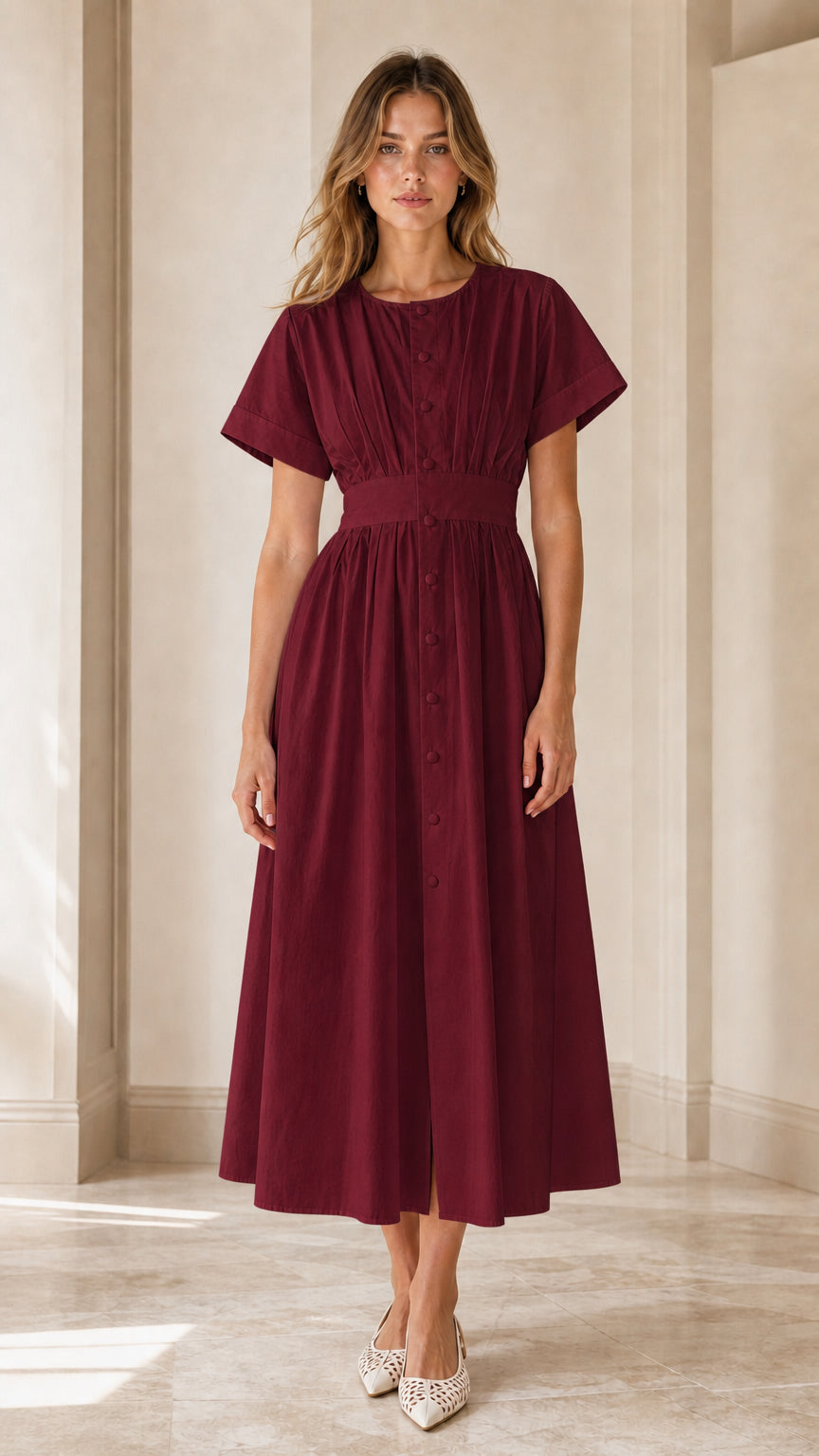 Model wearing burgundy pleated button-down midi dress