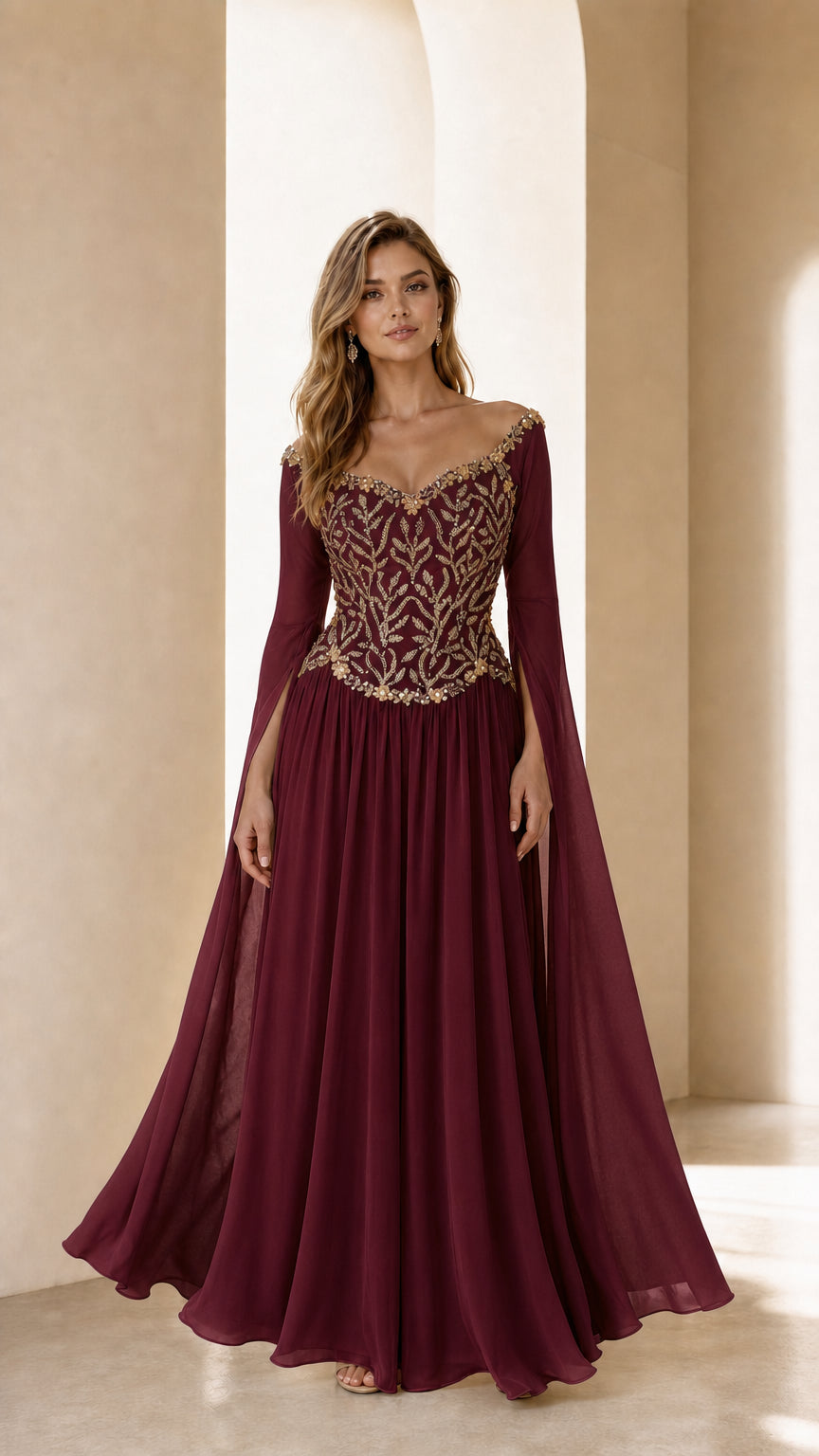 Front view of burgundy embellished evening gown