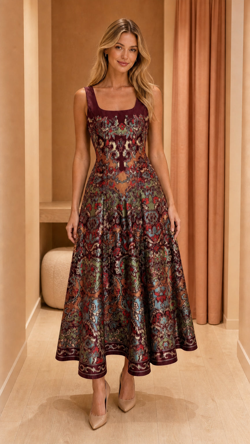 Front view of rich burgundy wine jacquard sleeveless cocktail midi dress