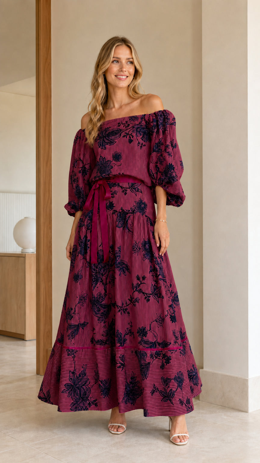 Model wearing Burgundy floral stripe off-the-shoulder tiered maxi dress