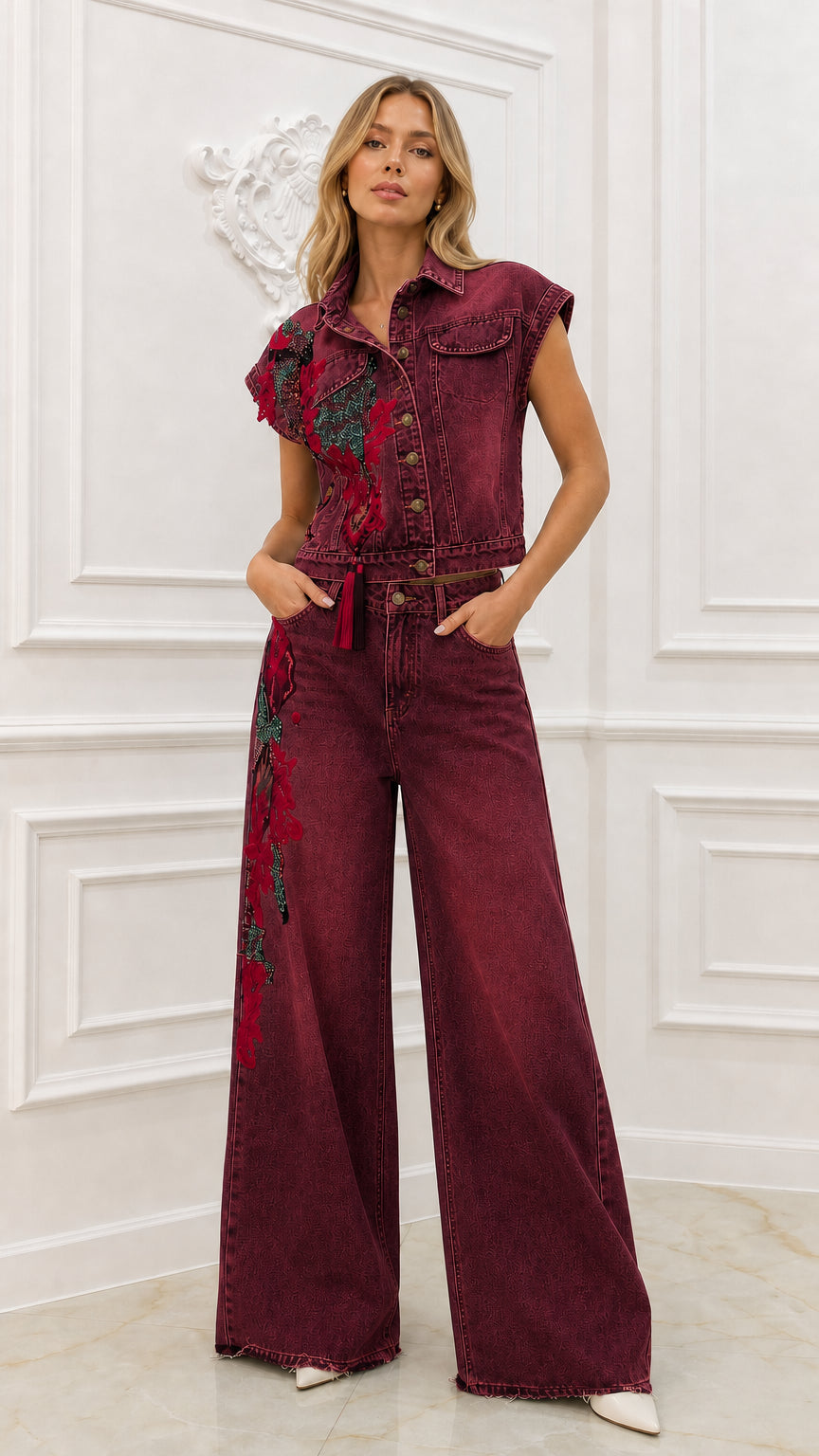 Model wearing burgundy embroidered denim matching set