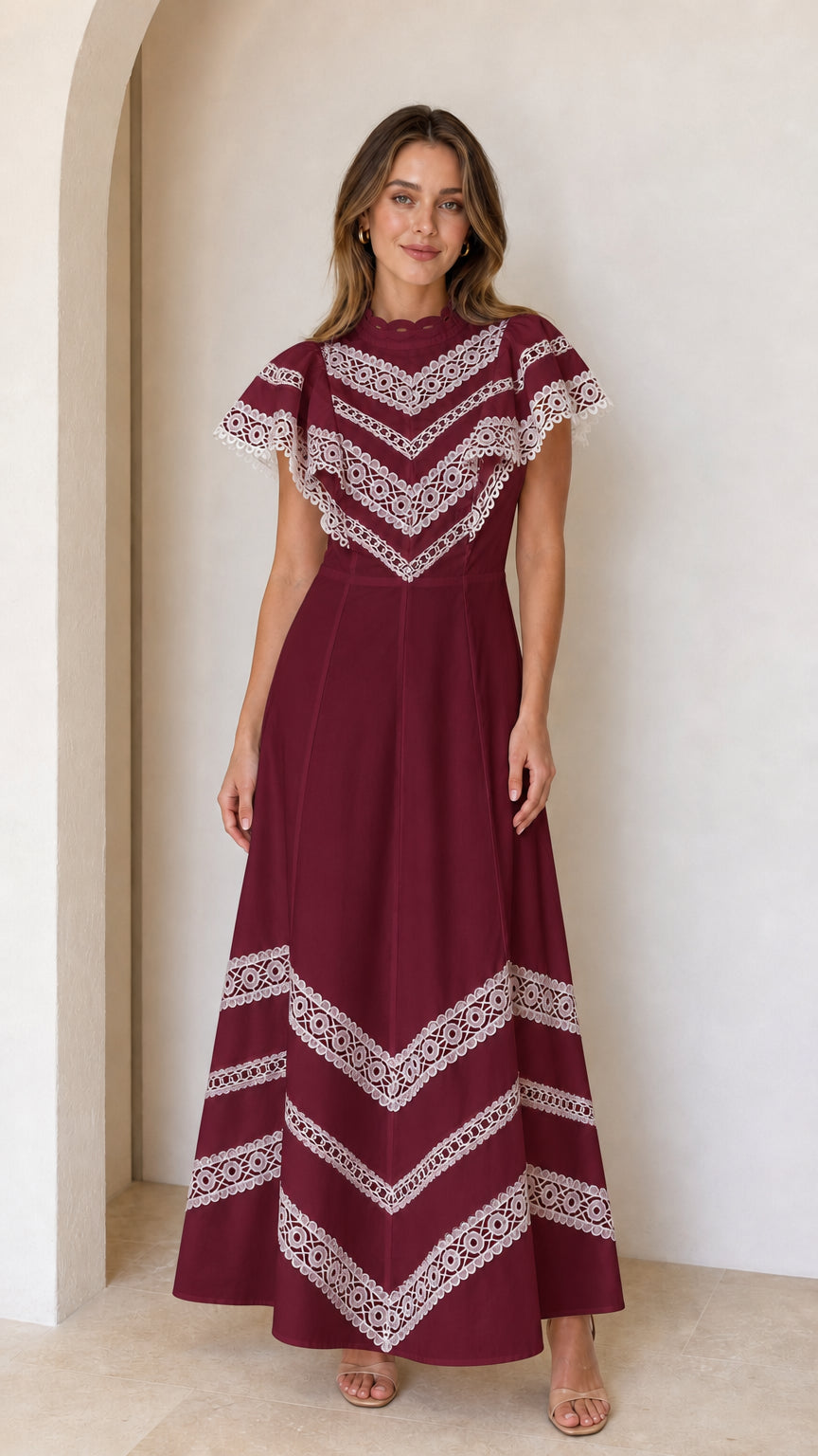 Burgundy wine red lace trim flutter sleeve maxi dress full-length view